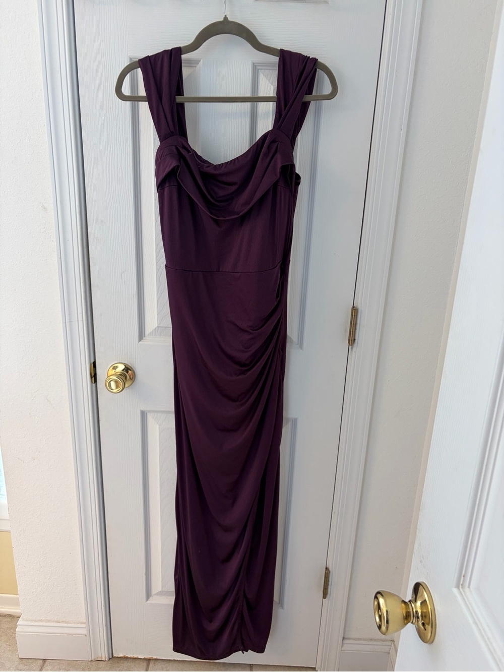 Off-Shoulder Satin Maxi Dress in Plum - Picture 3 of 6